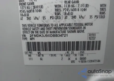 2013 Ford Edge Sel from USA, damaged, VIN 2FMDK3J9XDBB34721